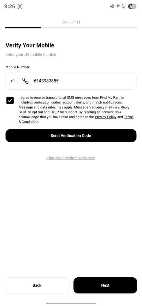 Verify Your Mobile with SMS consent checked and number entered; Send Verification Code enabled.