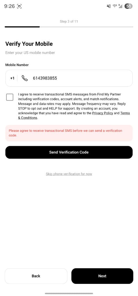 Same screen with validation error: Please agree to receive transactional SMS before we can send a verification code.